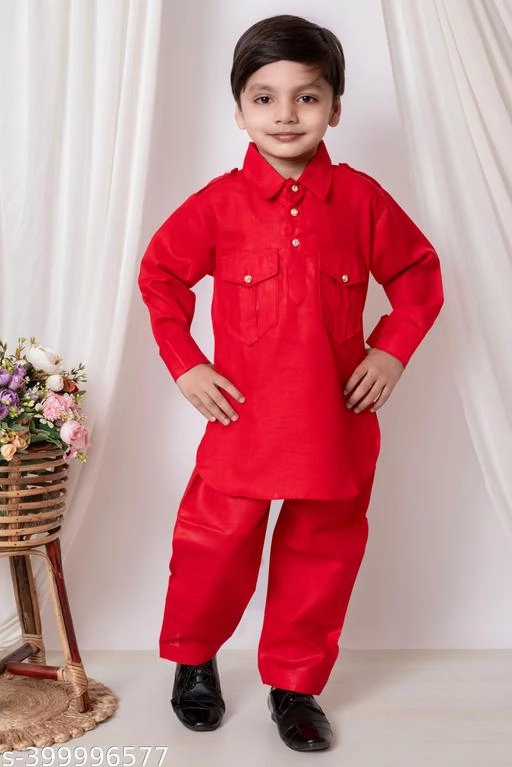 Cotton Solid Kurta with Pyjama for Boys (Red, 1-2 Years)