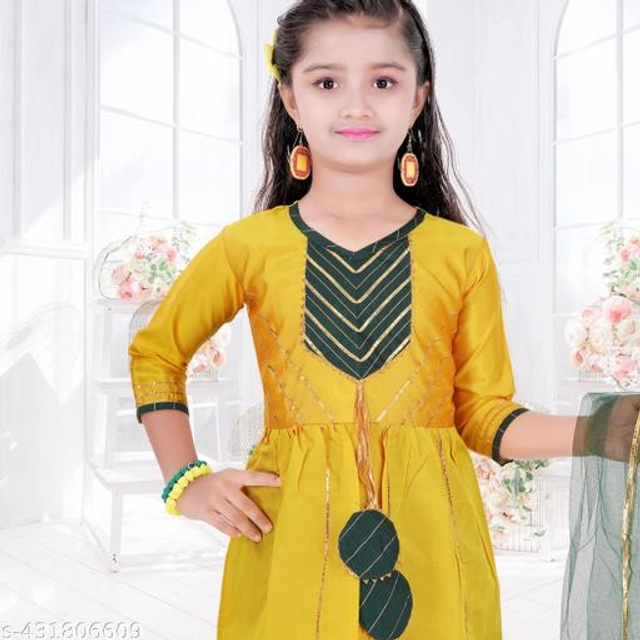 Poly Silk Kurta Sets for Girls (Yellow & Green, 2-3 Years)