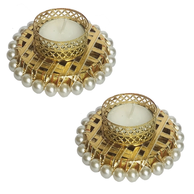 Metal Designer Tealight Candle Holder (Gold, 8.5x8.5x3 cm) (Pack of 2)