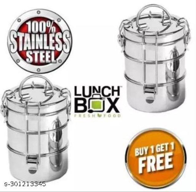 Stainless Steel 3 Compartment Lunch Box (Silver, Pack of 2)