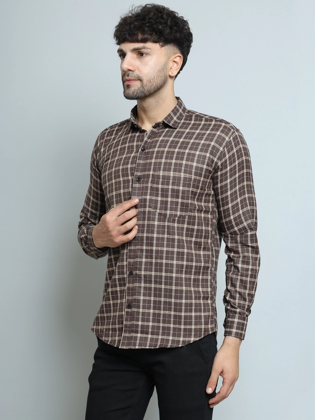 Full Sleeves Checked Shirt for Men (Brown, M)