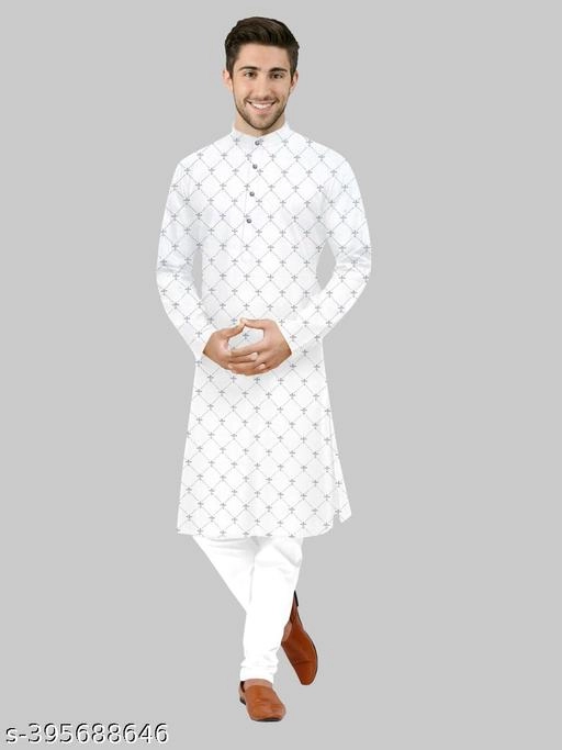 Cotton Blend Printed Kurta for Men (S, White)