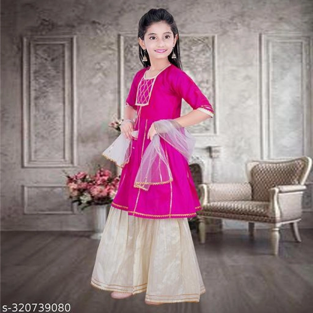 Dupion Silk Kurta Sets for Girls (Pink & White, 2-3 Years)