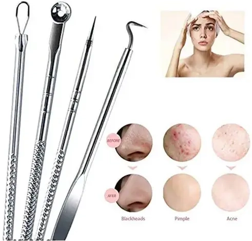 Stainless Steel 4 Pcs Acne Blackhead Remover (Silver, Set of 3)