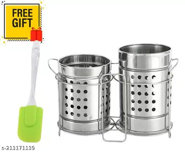 Stainless Steel Twin Cutlery Rack with Spatula (Green & Silver, Set of 2)