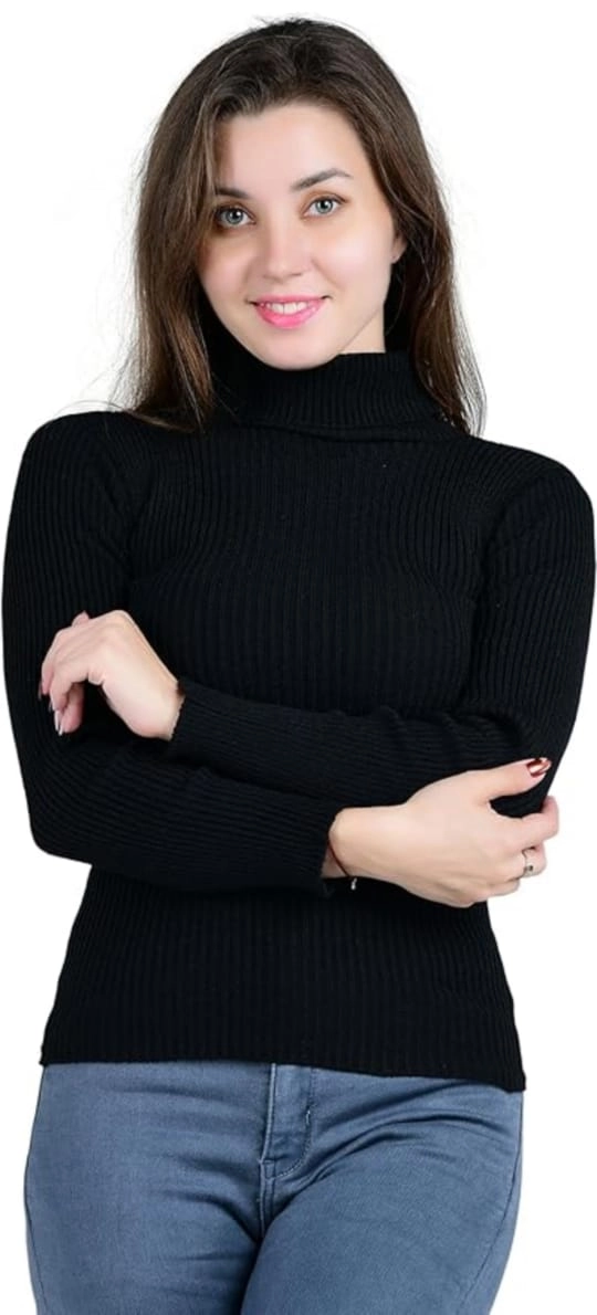 Cotton High Neck Solid Top for Women (Black, S)