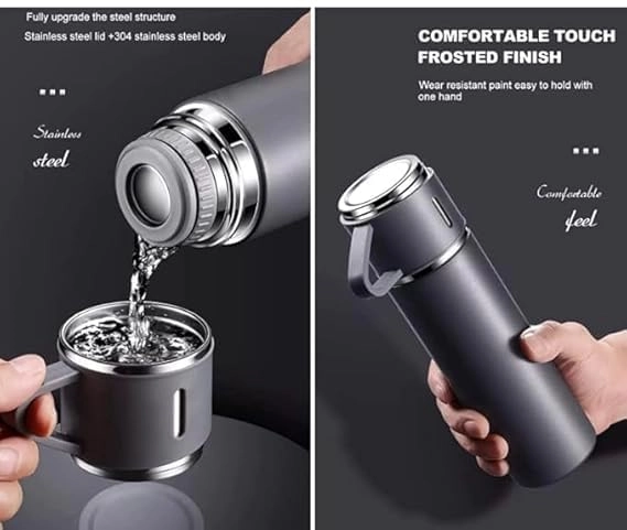 Stainless Steel Vacuum Insulated Flask with Two Cups (Multicolor, 500 ml)