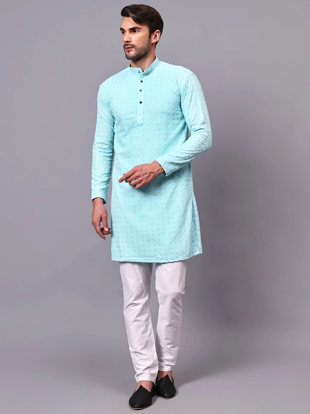 Rayon Embroidered Kurta with Pyjama for Men (Aqua Blue & White, S)