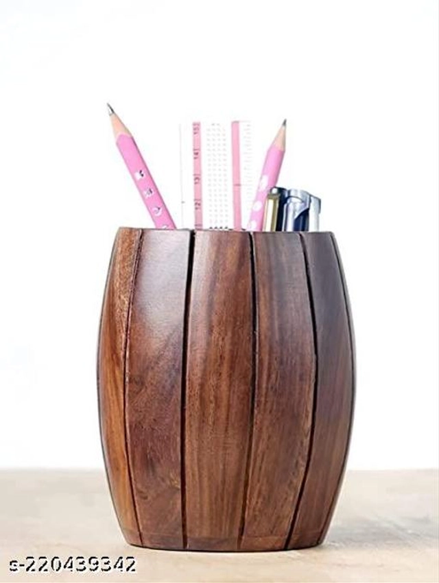 Wooden Sheesham Barrel Shaped Pen Holder (Brown, Pack of 2)