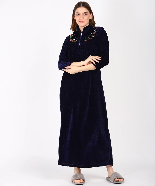 Velvet Embroidered Nightdress for Women (Navy Blue, Free Size)