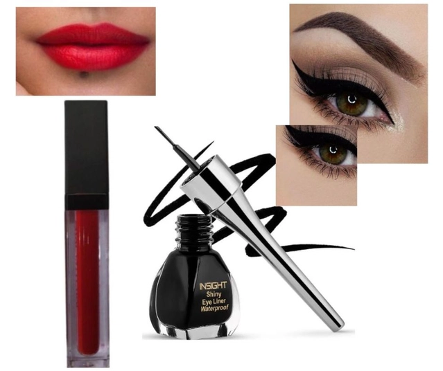 Ultra Matte Liquid Lip Color (Red) with Waterproof Smudge Free Eyeliner (Black) (Set of 2)