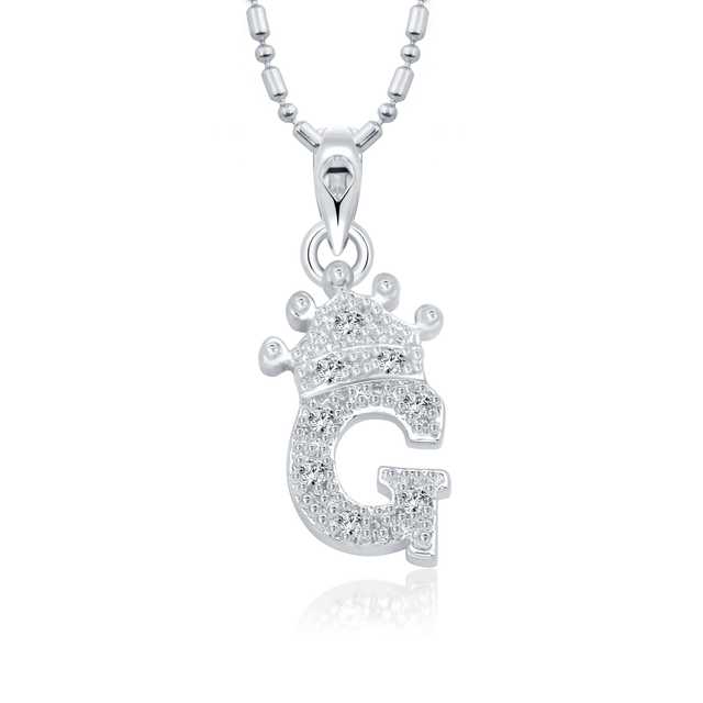Vighnaharta Alloy Royal Crown 'G' Alphabet Rodium Plated Pendant With Chain For Unisex (Silver) (VF-55)