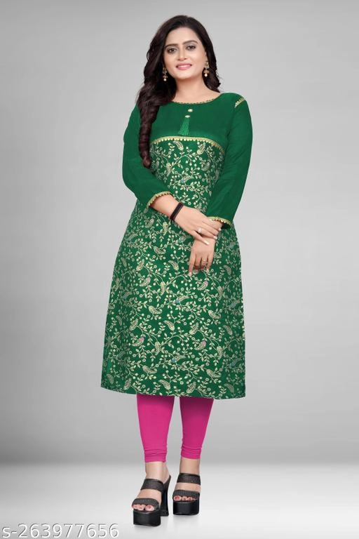 Banarasi Silk Printed Kurti for Women (Green, M)