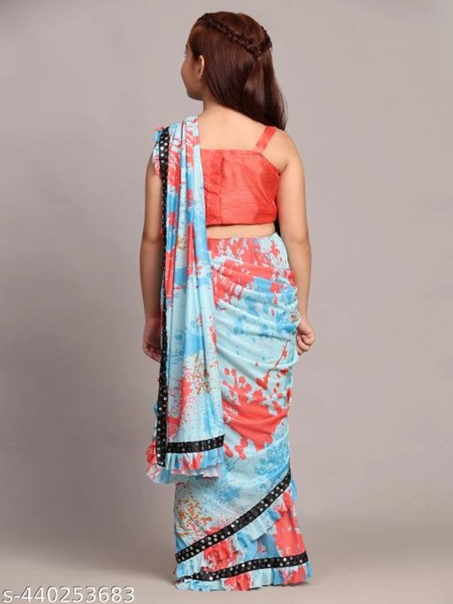 Printed Fancy Saree for Girls with Blouse (Sky Blue & Red, 3-4 Years)