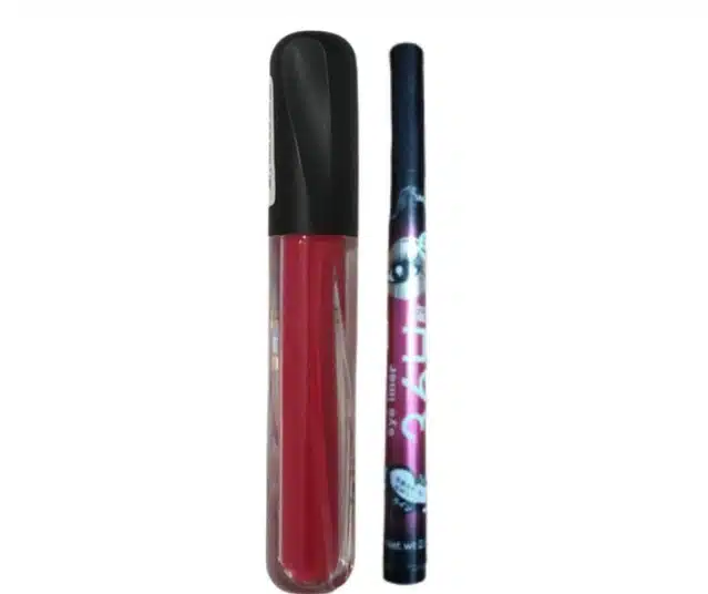 Matte Liquid Gloss with Long Lasting Waterproof Eyeliner (Pink & Black, Pack of 2)