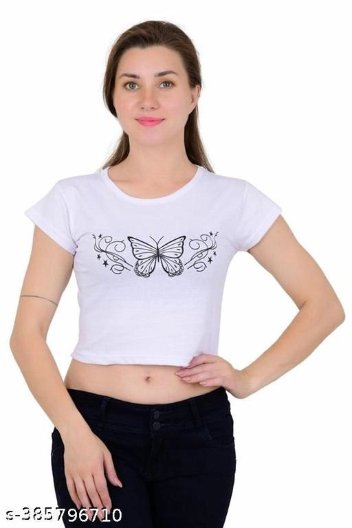 Cotton Printed Top for Women (White, S)