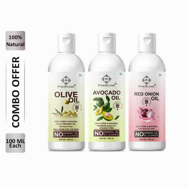 PuriFlame Pure Olive Oil (100 ml) & Avocado Oil (100 ml) & Red Onion Oil (100 ml) Combo For Rapid Hair Growth (Pack Of 3) (B-6079)