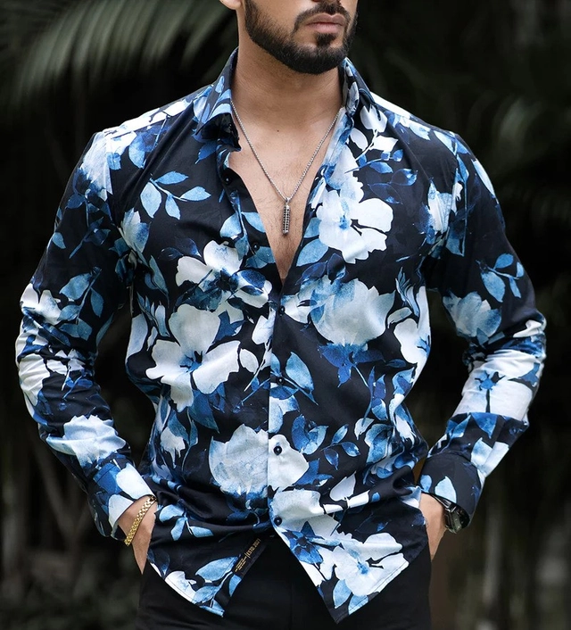 Lycra Full Sleeves Printed Shirt for Men (Multicolor, S)