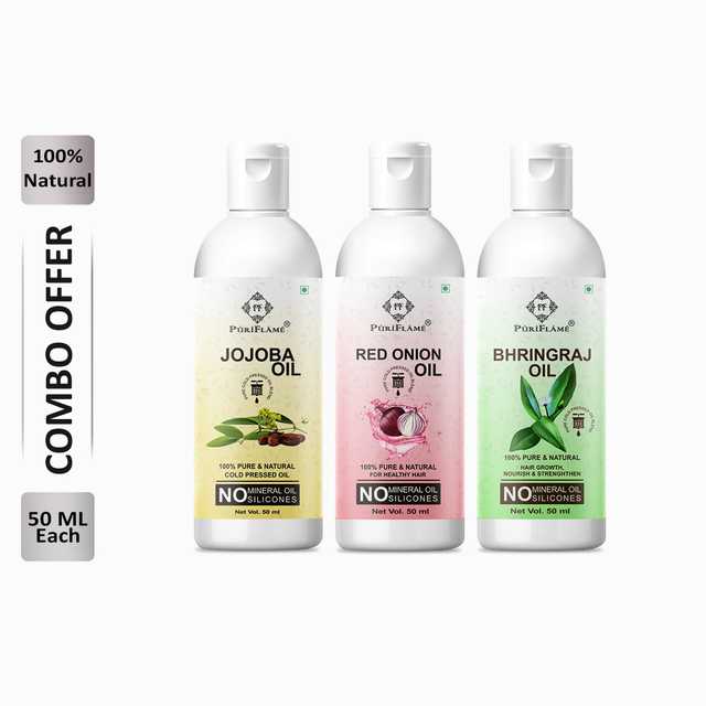 Puriflame Pure Jojoba Oil (50 ml), Red Onion Oil (50 ml) & Bhringraj Oil (50 ml) Combo for Rapid Hair Growth (Pack Of 3) (B-11589)