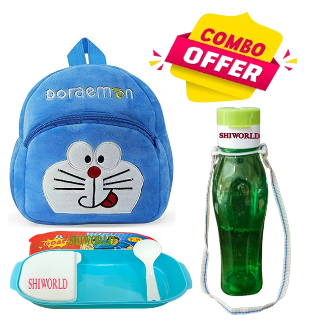 Fabric Backpack with Lunch Box & Water Bottle for Kids (Multicolor, Set of 3)