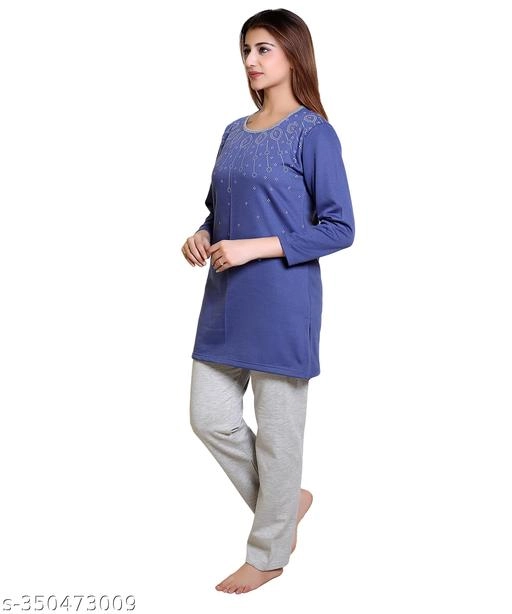 Wool Nightsuit for Women (Royal Blue & White, M)