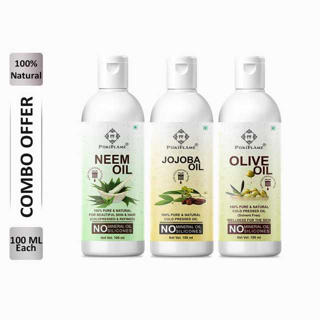 PuriFlame Pure Neem Oil (100 ml) & Jojoba Oil (100 ml) & Olive Oil (100 ml) Combo For Rapid Hair Growth (Pack Of 3) (B-5879)