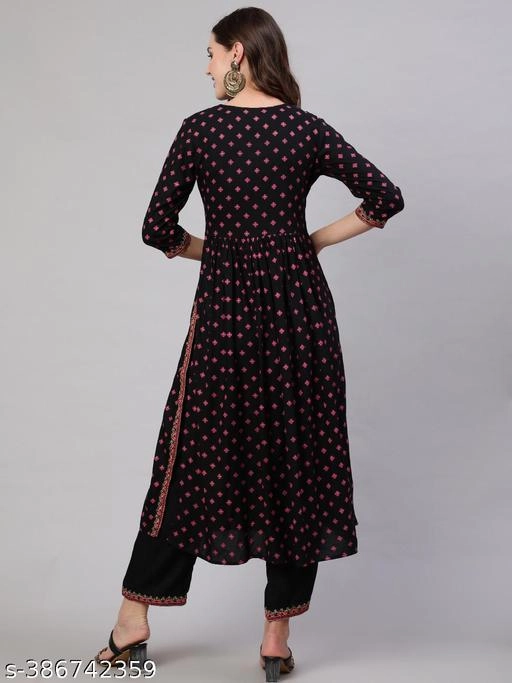 Viscose Rayon Printed Kurti with Pant for Women (Black, S)