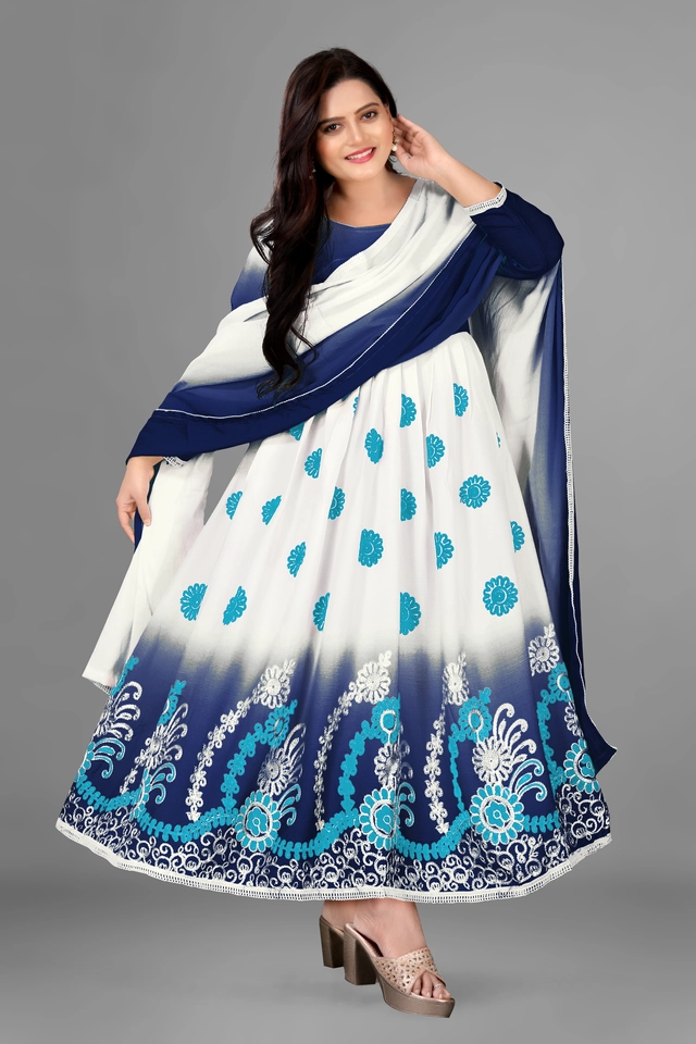 Jute Silk Printed Anarkali Kurti with Dupatta for Women (Blue & White, S)