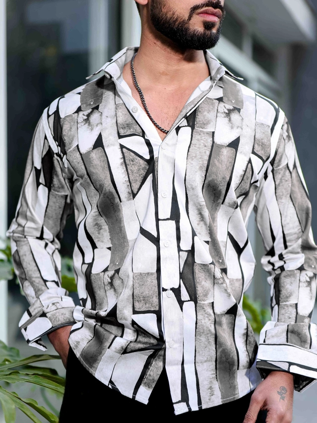 Full Sleeves Printed Shirt for Men (Grey & White, S)