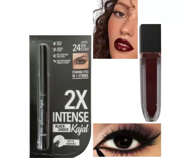 Matte Lip Gloss with Waterproof Kajal  (Maroon & Black, Set of 2)