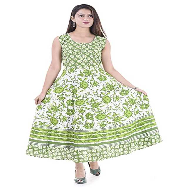 Aaryahi Casual Cotton Printed Midi Dress For Women (Green, 47) (AG-12)