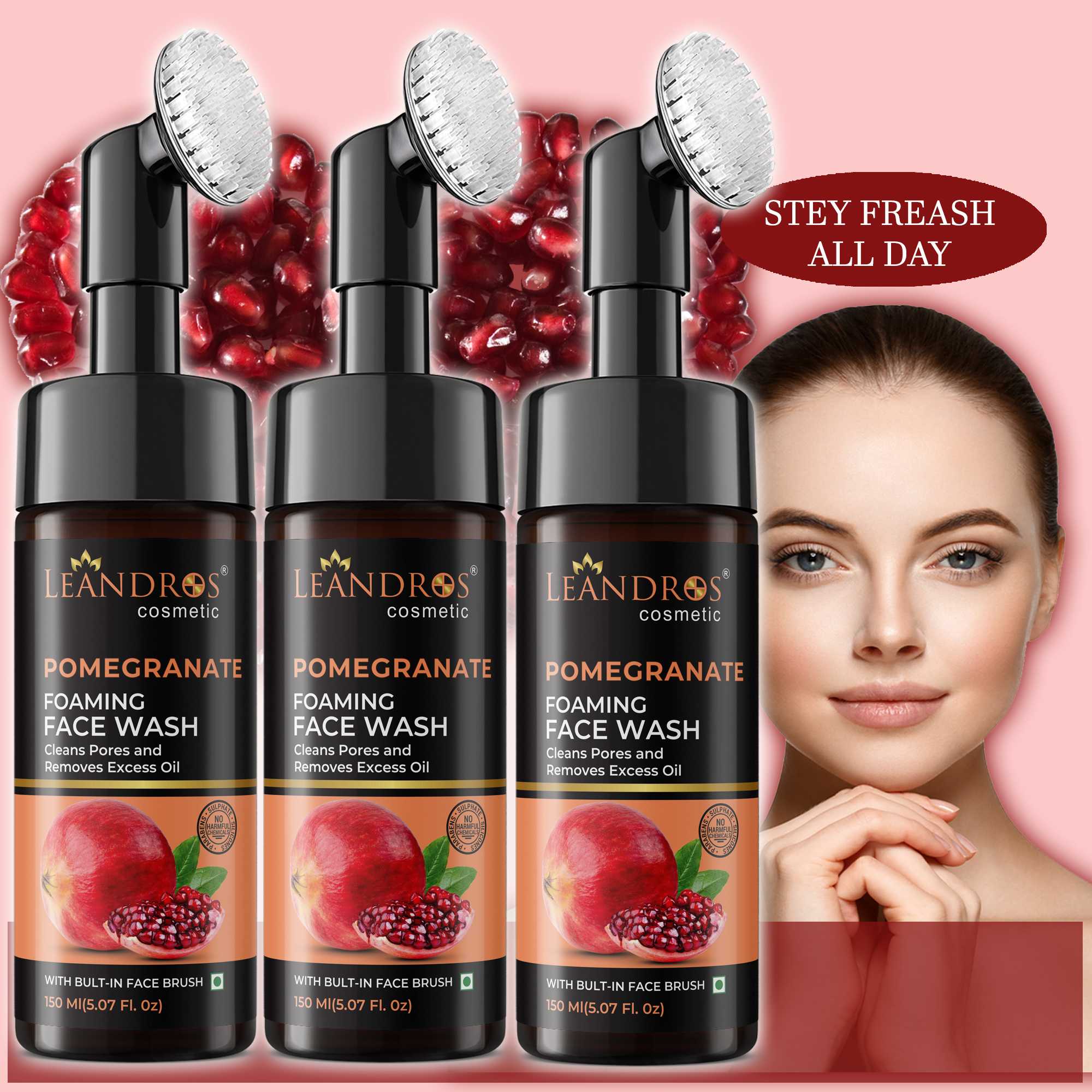 Pomegranate Brightening Radiant Glow Foaming Face Wash for Men & Women (Pack of 3, 150 ml)