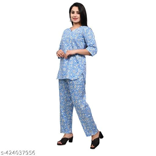 Rayon Printed Nightsuit for Women (Sky Blue, S)