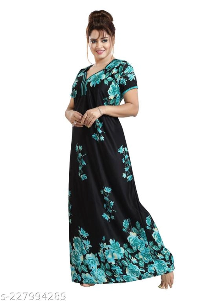 Satin Nightdress for Women (Sky Blue & Black, XL)