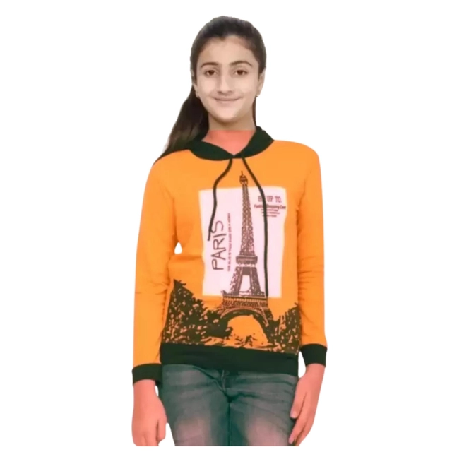 Cotton Blend Printed Hoodie for Girls (Orange, 2-3 Years)