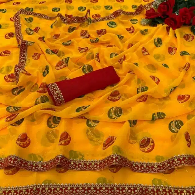 Saree with Unstitched Blouse for Women (Yellow, 6 m)