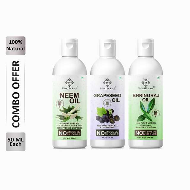 Puriflame Pure Neem Oil (50 ml), Grapeseed Oil (50 ml) & Bhringraj Oil (50 ml) Combo for Rapid Hair Growth (Pack Of 3) (B-12099)