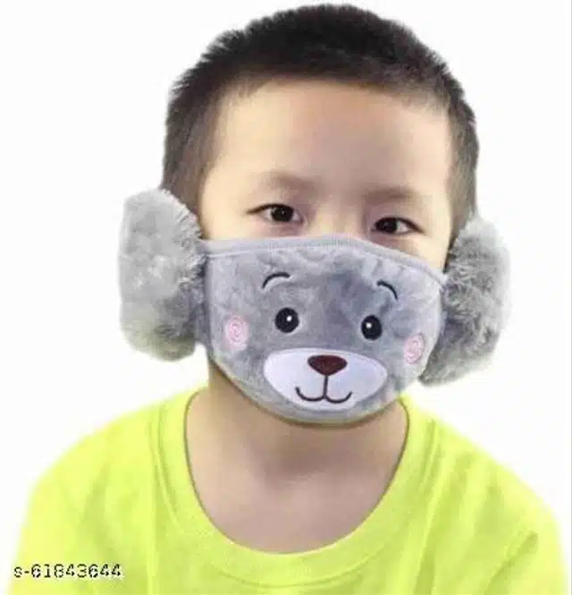 Winter Face Mask with Plush Ear Muffs for Kids (Grey & Pink, 3-10 Years) (Pack of 2)