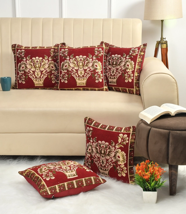 Jute Printed Cushion Covers (Maroon, 16x16 inches) (Pack of 5)