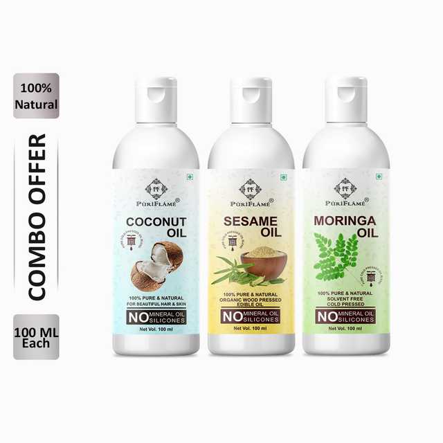 PuriFlame Pure Coconut Oil (100 ml) & Sesame Oil (100 ml) & Moringa Oil (100 ml) Combo For Rapid Hair Growth (Pack Of 3) (B-3935)