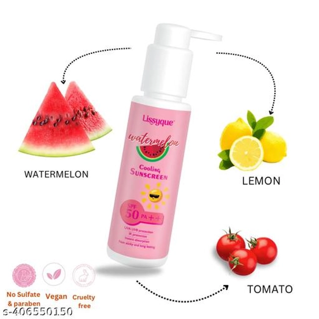  Lissyque Watermelon Sunscreen Lotion for All Skin Types, SPF 50++, Watermelon Scent, Fast Absorbing, Non-Greasy, Paraben Free- 100ml(Pack of 2)