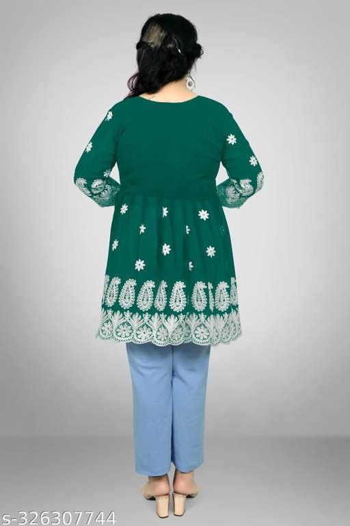 Georgette Chikankari Top for Women (Bottle Green, XL)