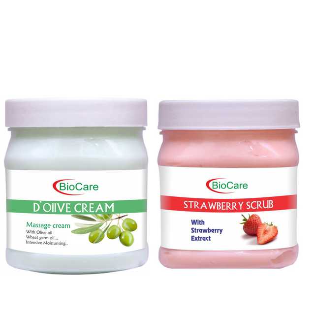 Combo Of Biocare D Olive Cream (500 ml) With Biocare Strawberry Scrub (500 ml) (O-1137)