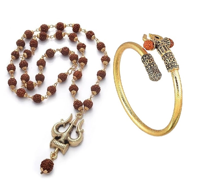 Religious Rudraksha Mala with Gold Plated Brass Bracelet for Men (Multicolor, Set of 2)