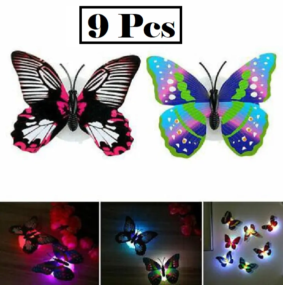 Plastic LED 3D Butterfly Wall Stickers (Multicolor, Pack of 9)