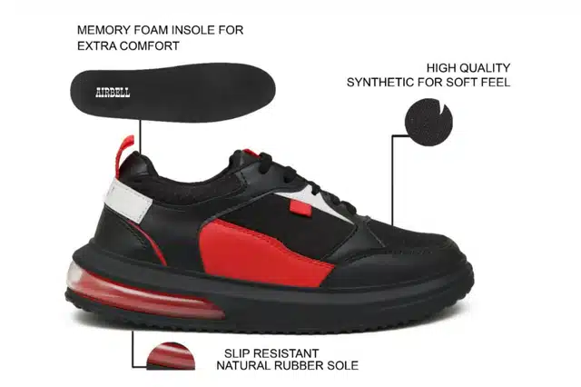 Men's Lace Up Casual Sneakers (Black & Red, 9) (JF-234)