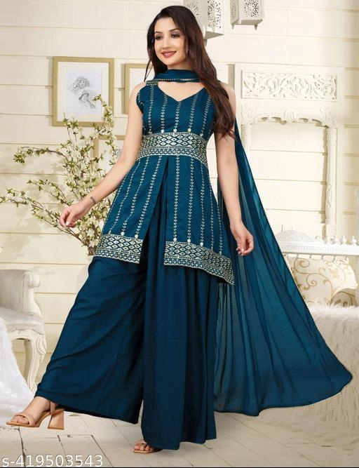 Rayon Embroidered Kurti with Sharara & Dupatta for Women (Teal, S)