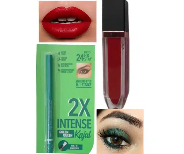 Matte Lip Gloss with Waterproof Kajal  (Red & Green, Set of 2)