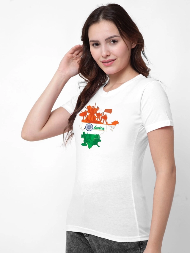 Cotton Round Neck Independence Day Printed T-Shirt for Women  (White, S )