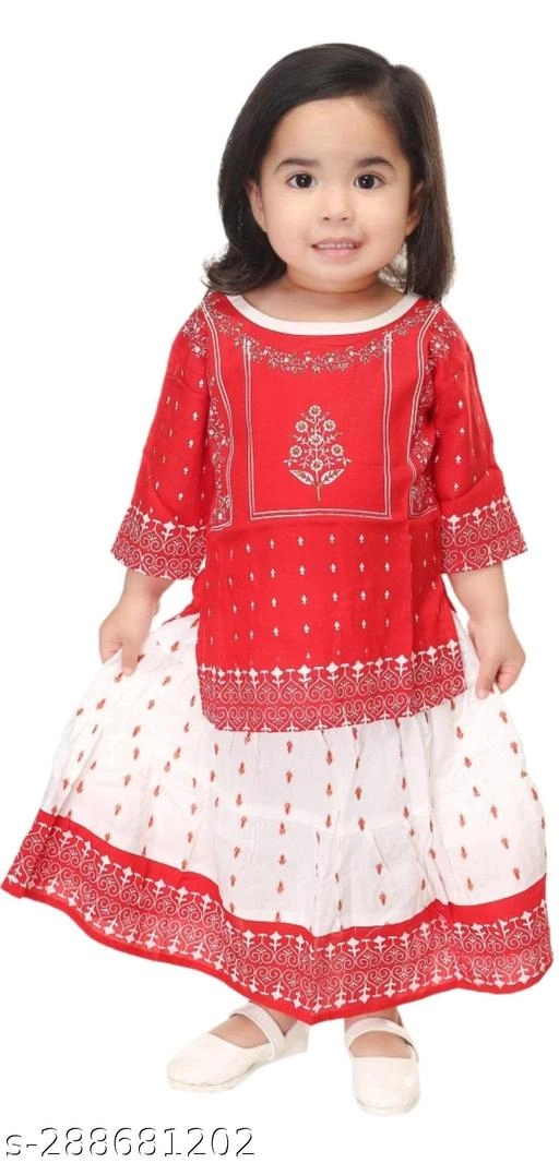 Rayon Kurta Set for Girls (Red & White, 0-3 Months)